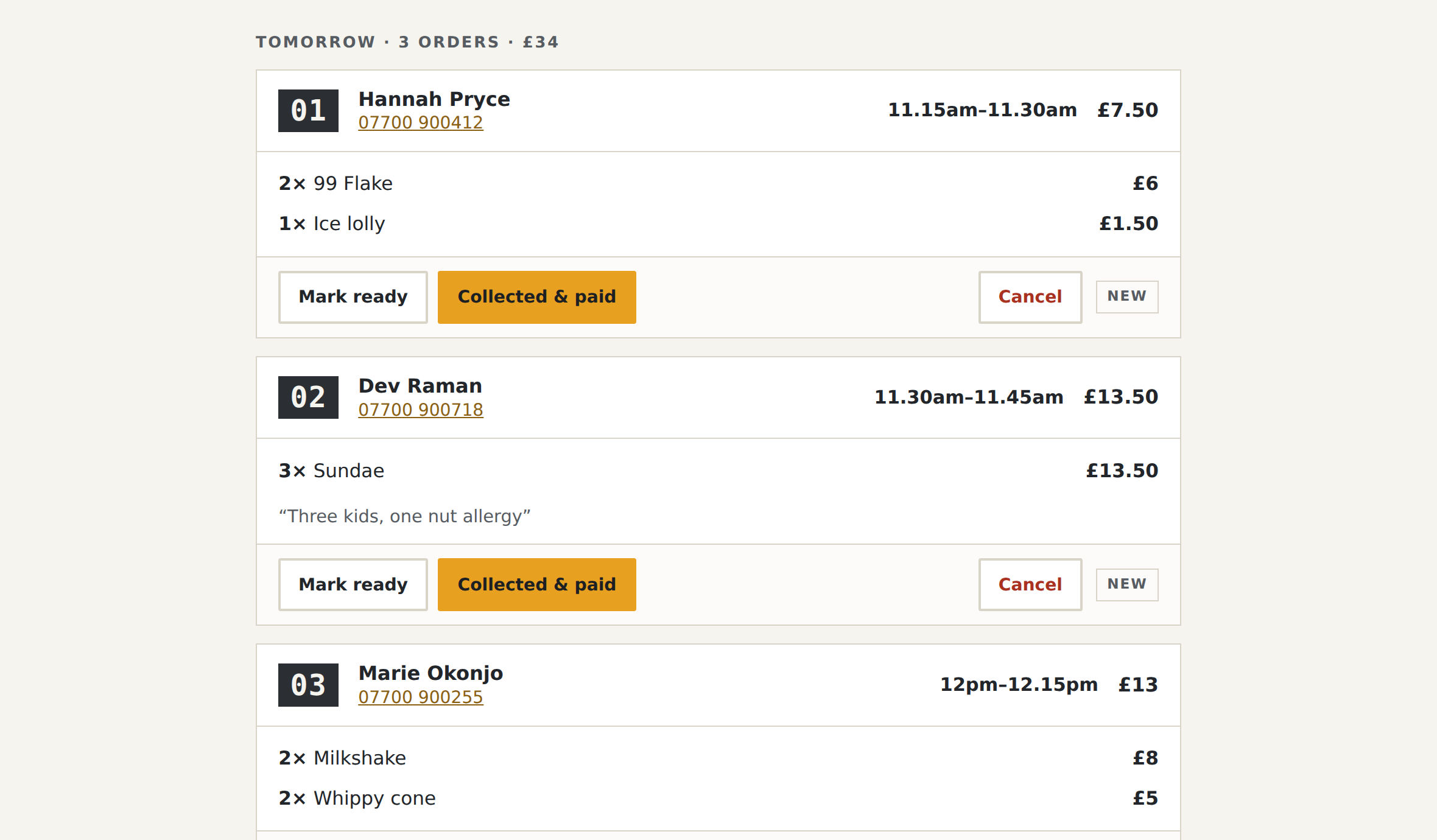 An orders list showing three orders with names, phone numbers, items, collection times and totals.